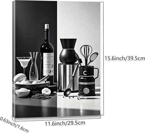 أبيض وأسود المطبخ قماش جدار الفن غرفة الطعام جدار ديكور زجاجة النبيذ التوابل ملعقة المطبخ صورة ملصق يطبع العمل الفني اللوحة غرفة الطعام مطعم بار ديكورات المنزل 12x16 بوصة مؤطرة in Kuwait