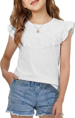 Girls Western Shirt Cowgirl Fringe Sleeveless Crew Neck Shirts Tassel Front Casual Blouses Tops in Saudi Arabia
