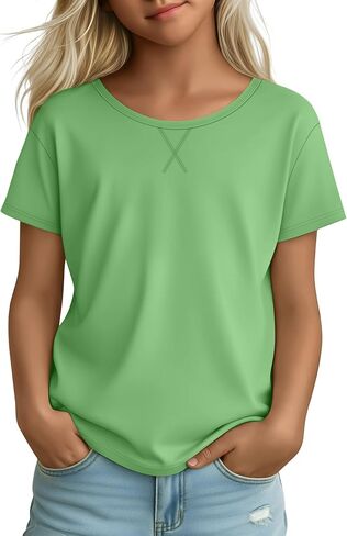 Girls Short Sleeve T Shirts Kids Summer Round Neck Tops Loose Fit Simple Basic Tees 5-14 Years in Saudi Arabia