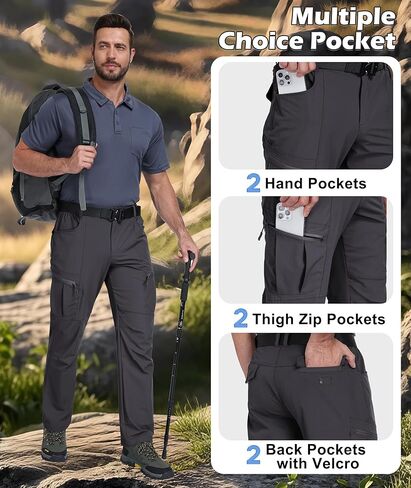 Mens Hiking Pants Waterproof Cargo Work Pants Lightweight Nylon Quick Dry Outdoor Travel Pants 6 Pockets in Saudi Arabia