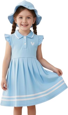 فستان صيفي للفتيات الصغيرات بأكمام واسعة وفساتين بطيات بولو للأطفال والبنات ملابس مدرسية رياضية مقاس 2T-8T in Kuwait