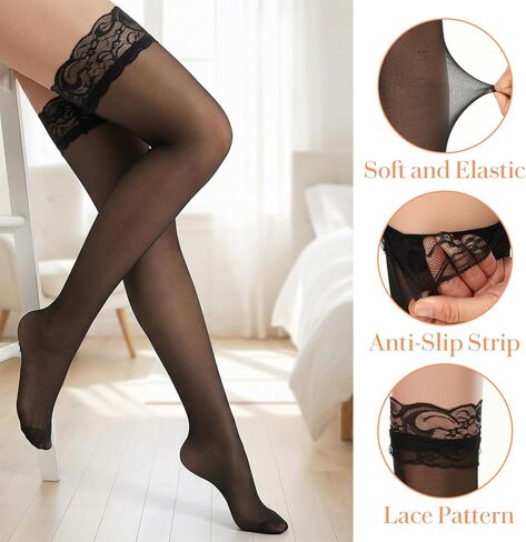 Women's Thigh High Stockings, Silky Sheer Pantyhose, Silicone Lace Top, Anti-Slip Silicone Stocking, Thigh High Stockings for Women Hold Up Mesh in Saudi Arabia