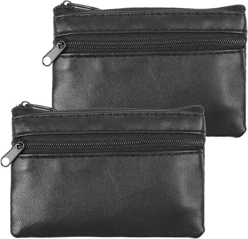 2 Pcs PU Leather Zipper Coin Purse, Mini Change Wallet Card Holder Black Zipper Pouch Small Coin Pocket Pouch for Women Men Purse Travel Daily Use in Saudi Arabia