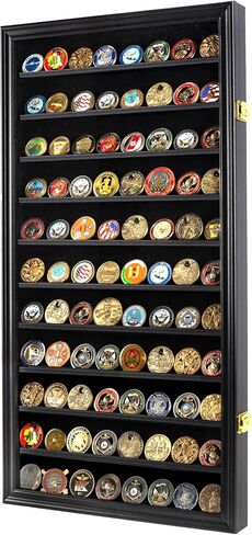 DisplayGifts Military Challenge Coin Display Case حامل رقائق البوكر حامل خزانة الحائط عرض تخزين الرف مع 11 رفوف لجمع العملات المعدنية جدار جبل الإطار الأسود in Saudi Arabia