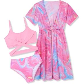 Girls 3 Piece Swimsuit Set with Cover Up | Tropical Print Bikini & Mesh Beach Dress for Teens Age 7-14 Years in Kuwait