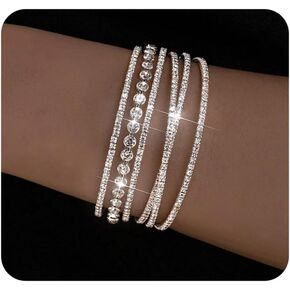 Layered Silver Rhinestone Bracelet for Women,Sparkly Crystal Stackable Open Cuff Bangle,Trendy Bridal Wedding Jewelry Prom Accessories in Kuwait