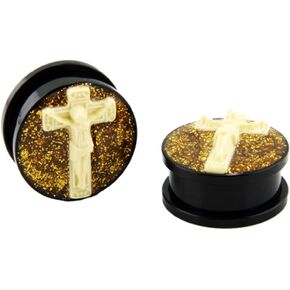 AP-594 Acrylic Screw on Ear Plugs Gold Glitter and Jesus on Cross gauges in Kuwait