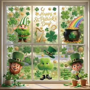 Xzentira 92 Pcs St Patricks Day Decorations Window Clings 8 Sheet for Saint Pat's Elves Shamrock Coin Bucket Window Decals for Irish Parties, and for Decorating Windows in Homes, Schools, and Offices in Saudi Arabia