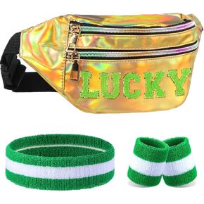 مجموعة حقيبة حزام Abbylike St Patrick Day Fanny Pack مع حقيبة مقاومة للماء بحروف محظوظة لزي حفلة عيد القديس باتريك (ذهبي) in Kuwait