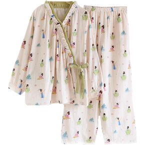 طقم بيجامة نسائي قطني مزين بالزهور - ملابس نوم ناعمة مع بلوزة ملفوفة كيمونو وسروال خصر مرن in Kuwait