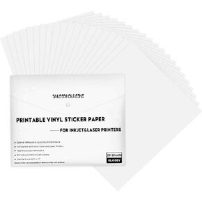 ورق ملصقات فينيل قابل للطباعة للطابعة النافثة للحبر - 20 ورقة مقاس 8.5 × 11 بوصة - صفائح فينيل بيضاء لامعة قابلة للطباعة من JANDJPACKAGING in Kuwait