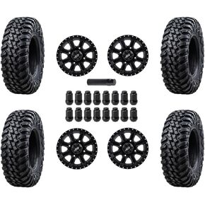 مجموعة Tusk مكونة من إطارات Tusk TERRABITE 8-Ply Radial UTV مقاس 30x10-14 مثبتة على عجلات CASCADE - متوافقة مع نمط مسمار POLARIS ATV/UTV 4/156 - صواميل العروة السوداء (4+3 إزاحة العجلات، أسود غير لامع) in Kuwait