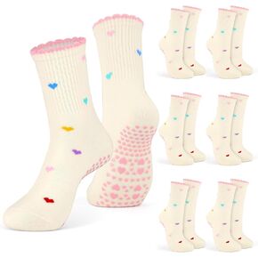 DERTE 6 Pairs Non Slip Pilates Socks for Women Cotton Grip Yoga Sock with Ruffle Cuff Cute Heart Grippy Socks for Barre Ballet Home Workouts in Kuwait