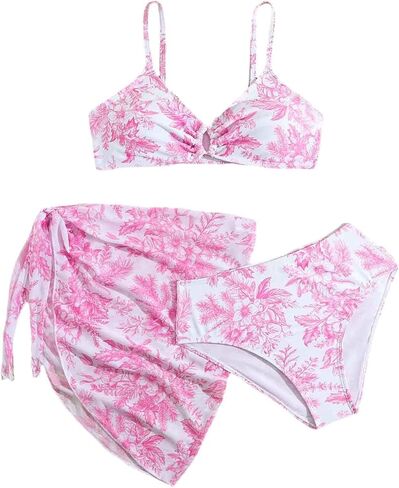 Girl's 3 Piece Swimsuit Cute Spaghetti Strap Triangle Bikini with Ditsy Floral Print Cover Up Kid Bathing Suit in Saudi Arabia