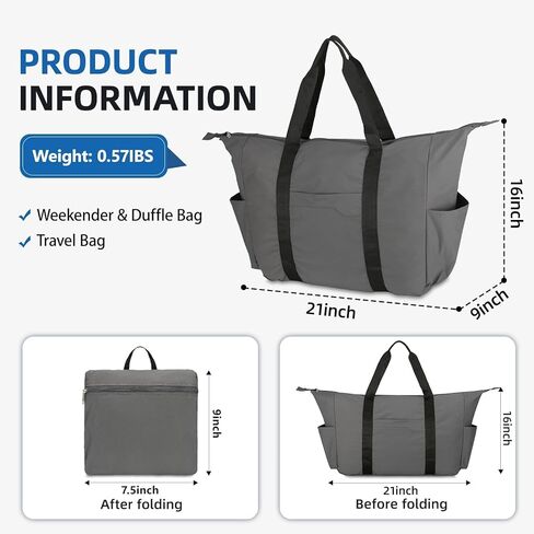 حقيبة دفل قابلة للطي سعة 50 لتر، حقيبة سفر خفيفة الوزن ومقاومة للتمزق للرجال والنساء، رمادي in Kuwait