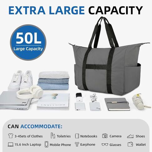 حقيبة دفل قابلة للطي سعة 50 لتر، حقيبة سفر خفيفة الوزن ومقاومة للتمزق للرجال والنساء، رمادي in Kuwait