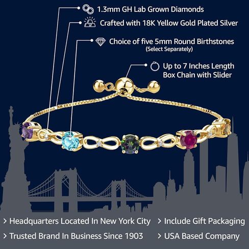 Gem Stone King 18K Yellow Gold Plated Silver Customized and Personalized 5 Round 5MM Gemstone Birthstone Tennis Bracelet For Women in Saudi Arabia