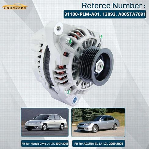 المولد 70A FIT 2001-2005 Honda Civic & Acura EL 1.7L - استبدال OE # 31100-PLM-A01، 13893، A005TA7091 - بكرة ذات 6 أخدود in Saudi Arabia