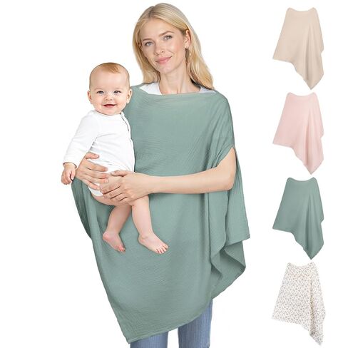 Muslin Nursing Cover Up for Breastfeeding, Soft & Breathable Cotton Breast Feeding Cover for Women, Full Privacy Breastfeeding Cover - Newborn Baby Essential, Green in Saudi Arabia