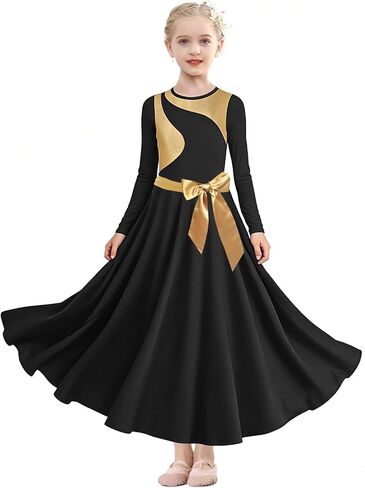 Girl's Worship Praise Dance Dress Gold Metallic Long Swing Liturgical Church Robe Lyrical Dancewear, with Belt in Saudi Arabia