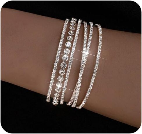 الطبقات الفضة حجر الراين سوار للنساء، سباركلي كريستال تكويم المفتوحة الكفة الإسورة، العصرية الزفاف مجوهرات الزفاف حفلة موسيقية الملحقات in Kuwait