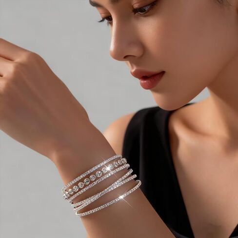الطبقات الفضة حجر الراين سوار للنساء، سباركلي كريستال تكويم المفتوحة الكفة الإسورة، العصرية الزفاف مجوهرات الزفاف حفلة موسيقية الملحقات in Kuwait