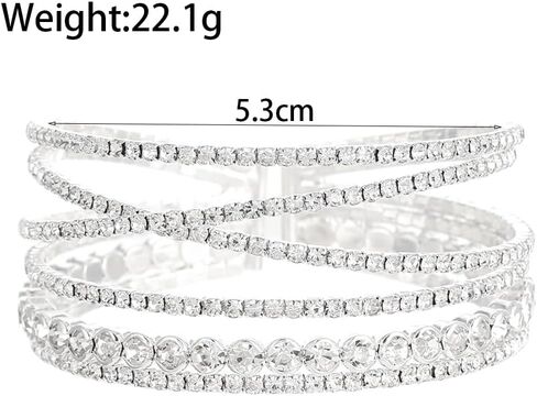 الطبقات الفضة حجر الراين سوار للنساء، سباركلي كريستال تكويم المفتوحة الكفة الإسورة، العصرية الزفاف مجوهرات الزفاف حفلة موسيقية الملحقات in Kuwait