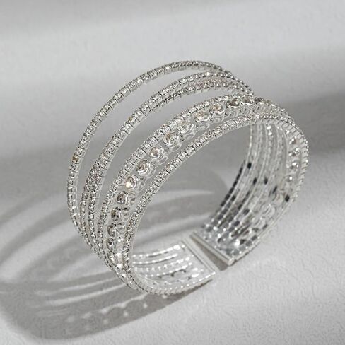 الطبقات الفضة حجر الراين سوار للنساء، سباركلي كريستال تكويم المفتوحة الكفة الإسورة، العصرية الزفاف مجوهرات الزفاف حفلة موسيقية الملحقات in Kuwait