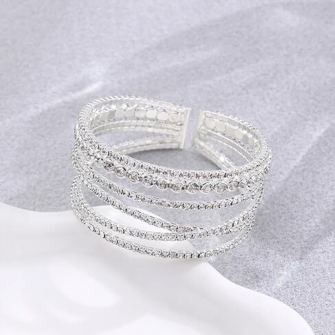 الطبقات الفضة حجر الراين سوار للنساء، سباركلي كريستال تكويم المفتوحة الكفة الإسورة، العصرية الزفاف مجوهرات الزفاف حفلة موسيقية الملحقات in Kuwait