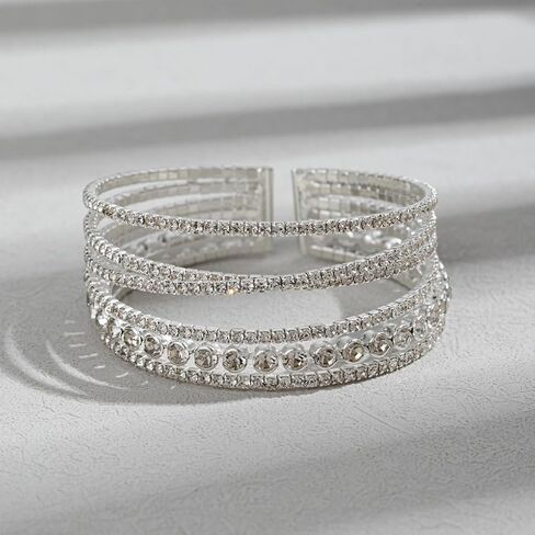 الطبقات الفضة حجر الراين سوار للنساء، سباركلي كريستال تكويم المفتوحة الكفة الإسورة، العصرية الزفاف مجوهرات الزفاف حفلة موسيقية الملحقات in Kuwait