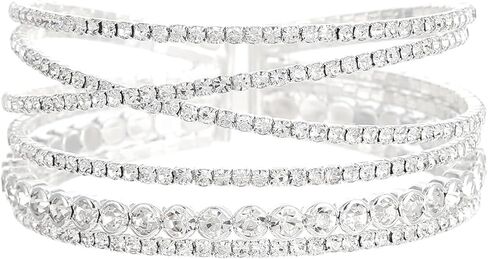 الطبقات الفضة حجر الراين سوار للنساء، سباركلي كريستال تكويم المفتوحة الكفة الإسورة، العصرية الزفاف مجوهرات الزفاف حفلة موسيقية الملحقات in Kuwait