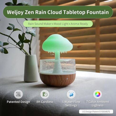 Weljoy Zen Rain Cloud Night Light - نافورة مياه لاسلكية على سطح الطاولة مع صوت تنقيط مهدئ، 7 ألوان LED وبطارية قابلة لإعادة الشحن 2000 مللي أمبير في الساعة ديكور منزلي لغرفة النوم والمكتب المنزلي والاسترخاء (لا حاجة إلى منفذ) in Kuwait