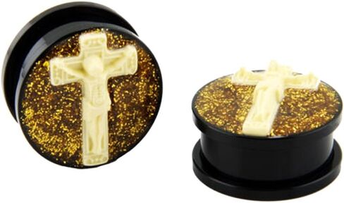 سدادات أذن أكريليك AP-594 برغي ذهبي لامع ويسوع على مقاييس متقاطعة in Kuwait