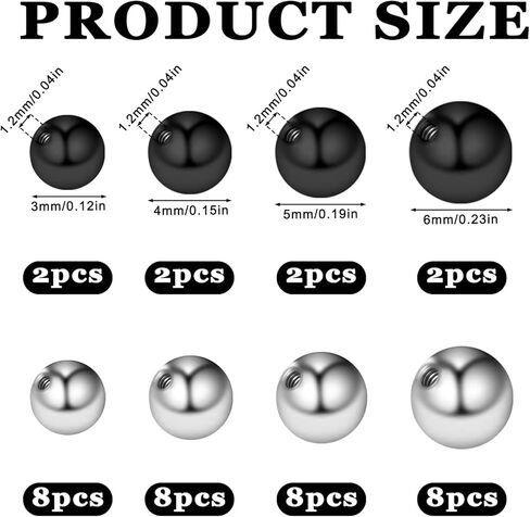 40PCS 16G Piercing Balls, 3/4/5/6mm Internal thread Septum Balls, Stainless Steel Piercing Ball, for Piercing Jewelry Tongue, Nipple, Navel, Nose (Black, Silver, 4 sizes) in Kuwait