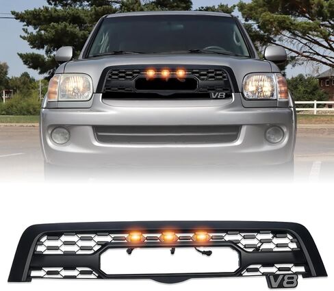 شبكة أمامية لعام 2005 2006 2007 سيكويا ليميتد سبورت فائدة 4 أبواب وSR5 أداة رياضية 4 أبواب، المصد العلوي الأمامي طراز TRD استبدال الشواية مع 3 ملحقات مصابيح LED، أسود غير لامع in Kuwait