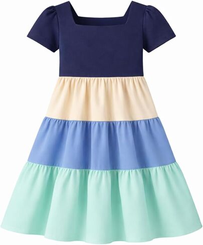 HILEELANG Girls Dress Colorblock Tiered Lightweight Soft Cotton Spring Summer Twirl Dress for Toddler Little Girls 2-8Y in Saudi Arabia