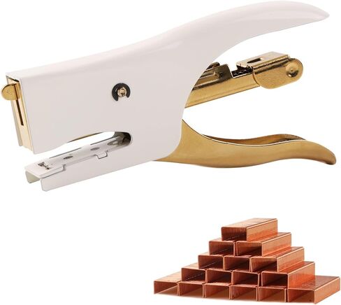 دباسة صغيرة كلاسيكية - دباسة ذات طيات صغيرة محمولة باليد بسعة 12 ورقة مع 3000 قطعة رقم 10 دبابيس للمكتب، والمدرسة، والحرف اليدوية، وختم أكياس كرافت للإخراج (أبيض، صغير) in Kuwait