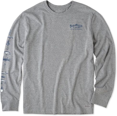 Life is Good. Men's Etched Simple Fish Long Sleeve Crusher Tee, Heather Gray in Saudi Arabia