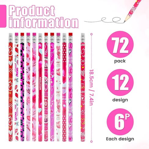 72 قلم رصاص لعيد الحب، 12 تصميمًا من أقلام الرصاص الخشبية لعيد الحب، أقلام رصاص على شكل قلب عيد الحب مع ممحاة لتبادل هدايا عيد الحب، هدايا حفلات الأطفال، مكافآت الفصول الدراسية للأطفال in Kuwait