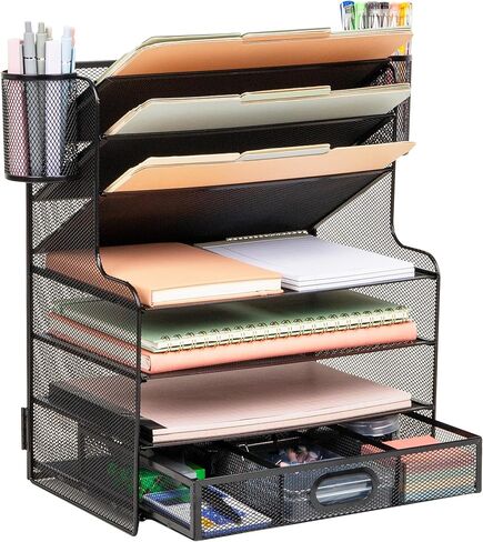 Mind Reader Mesh Desk Organizer, 6 Compartments, 1 Drawer, 2 Pen Cups, Office Desktop Organizer, Metal Mesh, Black in Saudi Arabia