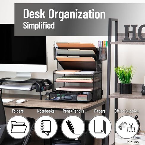 Mind Reader Mesh Desk Organizer, 6 Compartments, 1 Drawer, 2 Pen Cups, Office Desktop Organizer, Metal Mesh, Black in Saudi Arabia