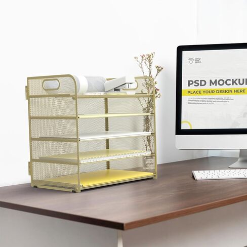 Sinboun Letter Tray Paper Organizer 5-Tier Desk Organizer File Organizer حامل ورق مع مقبض، سطح المكتب المعدني، رف المستندات، صينية مكتب الفصل الدراسي - ذهبي in Kuwait