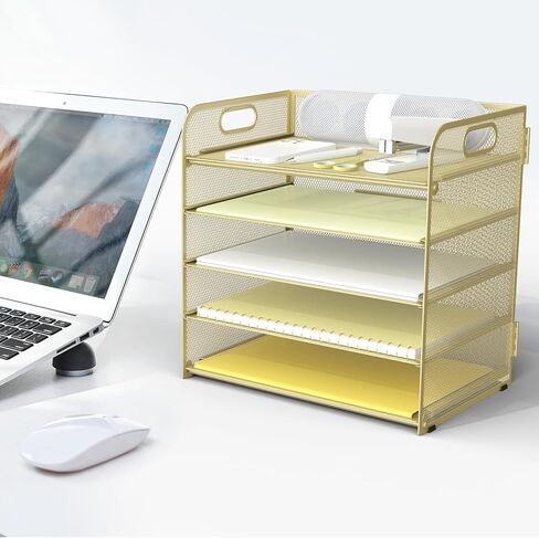 Sinboun Letter Tray Paper Organizer 5-Tier Desk Organizer File Organizer حامل ورق مع مقبض، سطح المكتب المعدني، رف المستندات، صينية مكتب الفصل الدراسي - ذهبي in Kuwait