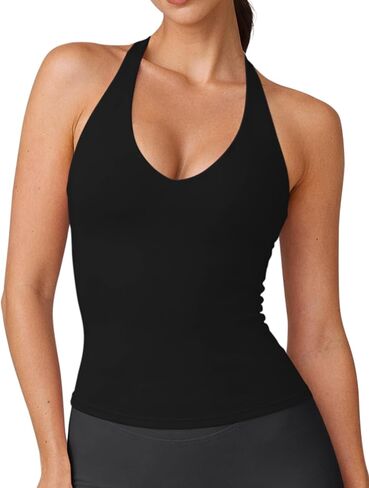 Women's Halter Neck Tank Top with Built in Bra Shelf Sleeveless Backless Longline Gym Yoga Workout Tops for Women in Saudi Arabia