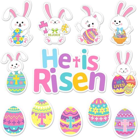 Whaline 2 Sheet Easter Thick Gel Clings He is Risen Christian Bunny Rabbit Egg Reusable Window Decals for Home School Classroom Nursery Decor Spring Holiday Party Supplies in Saudi Arabia