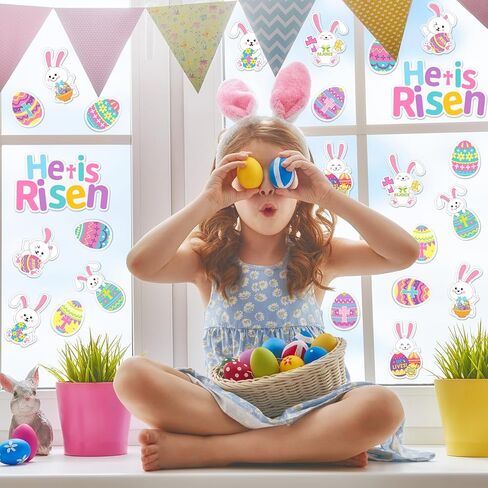 Whaline 2 Sheet Easter Thick Gel Clings He is Risen Christian Bunny Rabbit Egg Reusable Window Decals for Home School Classroom Nursery Decor Spring Holiday Party Supplies in Saudi Arabia