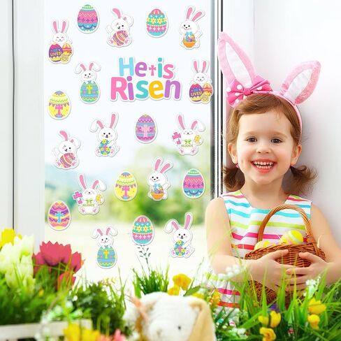 Whaline 2 Sheet Easter Thick Gel Clings He is Risen Christian Bunny Rabbit Egg Reusable Window Decals for Home School Classroom Nursery Decor Spring Holiday Party Supplies in Saudi Arabia