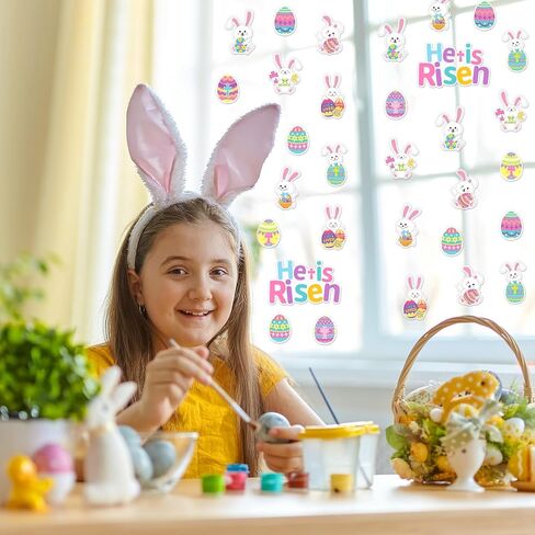 Whaline 2 Sheet Easter Thick Gel Clings He is Risen Christian Bunny Rabbit Egg Reusable Window Decals for Home School Classroom Nursery Decor Spring Holiday Party Supplies in Saudi Arabia