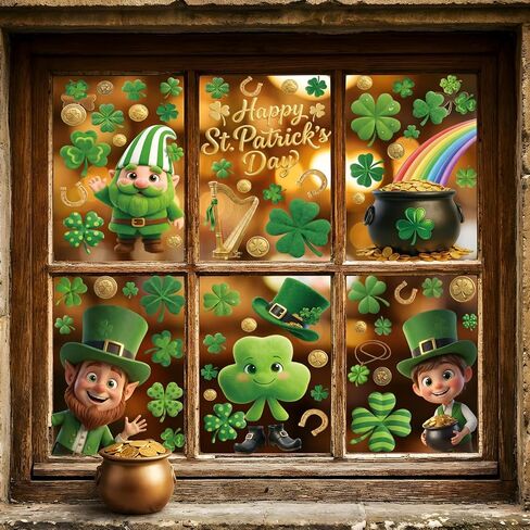 Xzentira 92 Pcs St Patricks Day Decorations Window Clings 8 Sheet for Saint Pat's Elves Shamrock Coin Bucket Window Decals for Irish Parties, and for Decorating Windows in Homes, Schools, and Offices in Saudi Arabia
