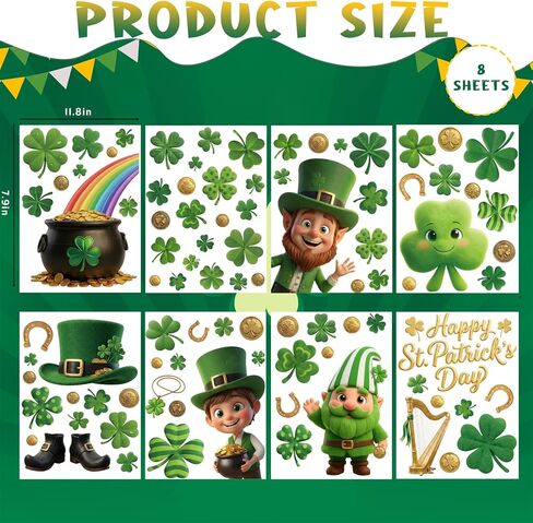 Xzentira 92 Pcs St Patricks Day Decorations Window Clings 8 Sheet for Saint Pat's Elves Shamrock Coin Bucket Window Decals for Irish Parties, and for Decorating Windows in Homes, Schools, and Offices in Saudi Arabia